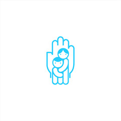 Parent is hugging kid. Hand line silhouette behind. Care, support and protect isolated logo icon vector illustration.