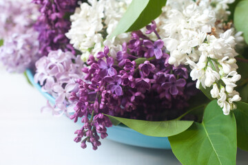 Piękne fioletowe i białe kwiaty bzu na białym tle © mirame111