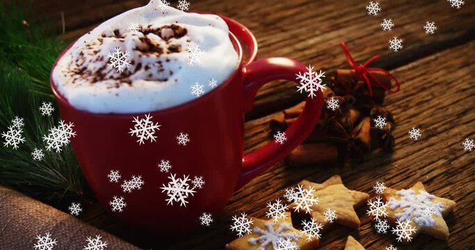 Animation of mug of hot chocolate with snowflakes