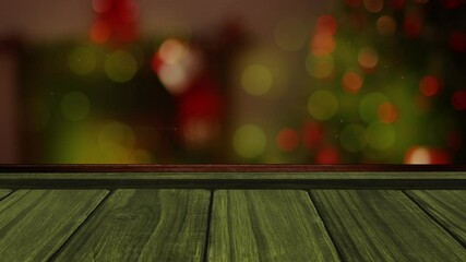 Animation of flickering fairy lights on christmas tree with wooden surface