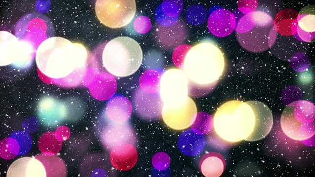 Animation of snow falling over colourful lights christmas decoration