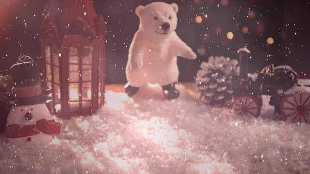 Animation of christmas decorations with lantern, polar bear and snow