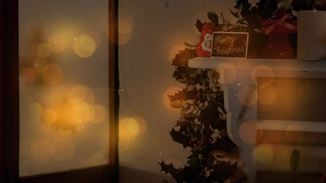 Animation of moving lights with christmas decoration and fireplace