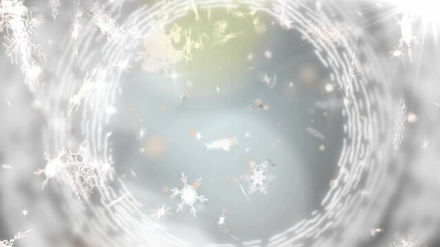 Animation of white circles and snow falling on grey background