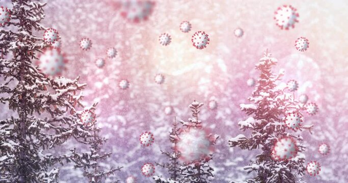 Animation of multiple covid 19 cells floating against winter scenery