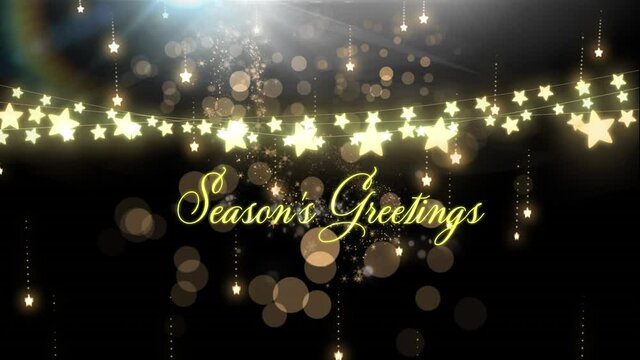 Animation of season's greeting text with fairy lights on black background