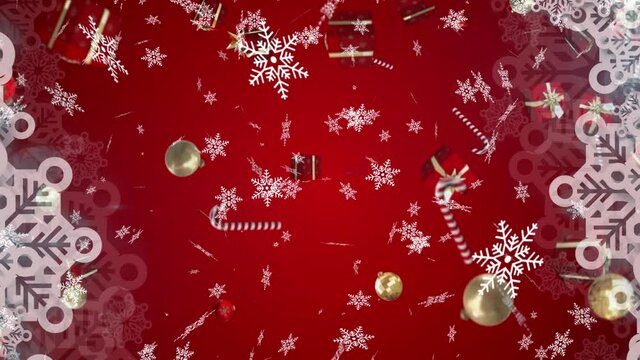 Animation of christmas presents and snowflakes falling on red background