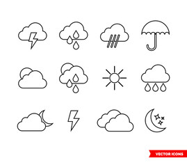 Weather icon set of outline types. Isolated vector sign symbols. Icon pack.