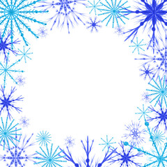 Frozen watercolor snowflake frame isolated on a white background. Hand-drawn wreath with flakes of snow for your design. Christmas illustration. Square shape winter template for a greeting card.