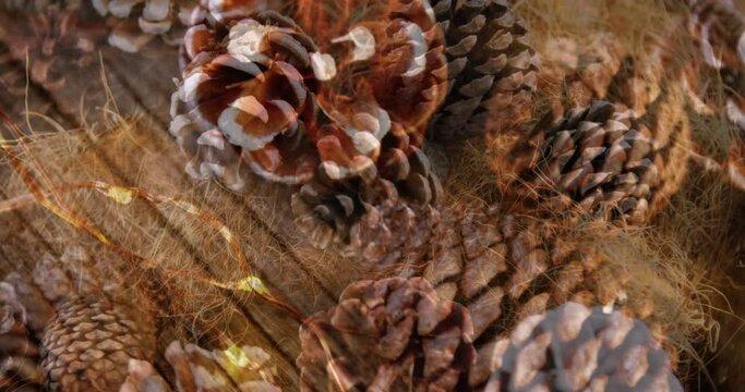 Animation of christmas decoration with yellow lights and pine cones