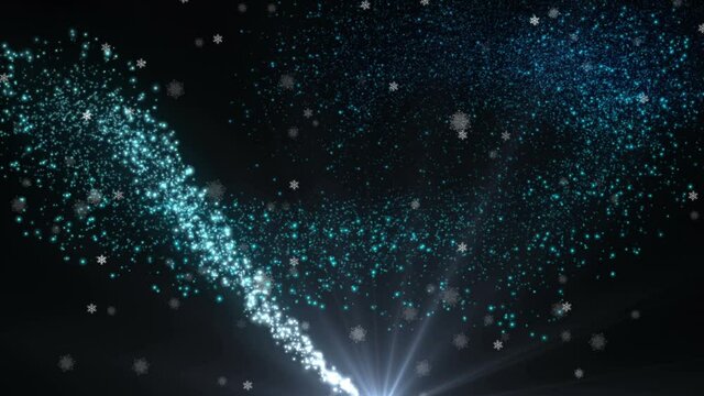 Animation of glowing shooting star flowing with snow falling on black background