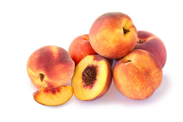 Fototapeta na wymiar Whole peaches, half and slice isolated on white
