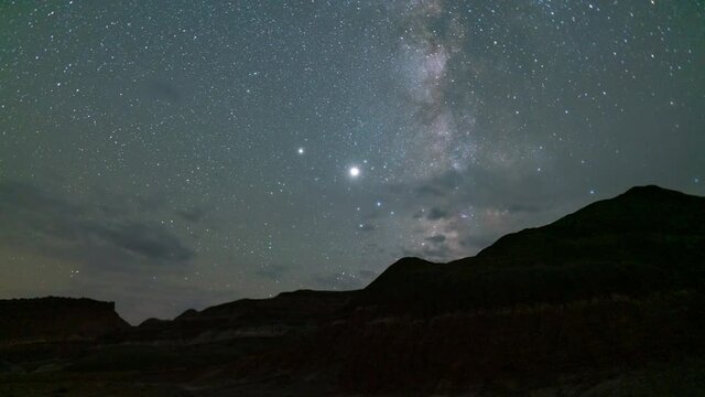 Time lapse tracking shot of Milky Way galaxy over rock strata at Paria Canyon in Utah