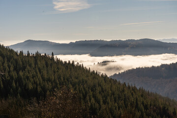 sunrise view from the mountains of Romania autumn with fog