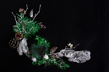 beautiful bright christmas and new year composition on black background, greeting card. Flat lay, copy space, top view