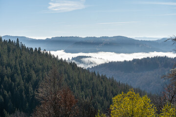 sunrise view from the mountains of Romania autumn with fog