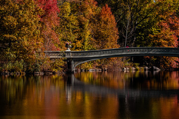 New York City - USA - Nov 5 2020: Beautiful Foliage Colors of Bow Bridge Central Park New York