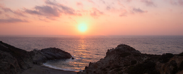 panoramic view to the dreamy Nas bay with beach at the rugged west coast of the secluded Greek Island of Ikaria