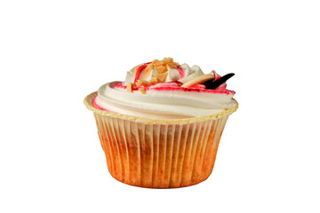 Tasty cake with white cream isolated on white background.