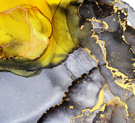 Luxury abstract fluid hand painted ink art, background in yellow, black, grey and gold colors. Marble stone design.