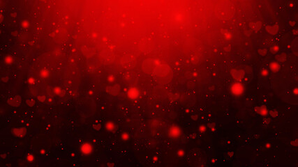 Fototapeta na wymiar Red abstract gradient bokeh background with circles, hearts and rays
