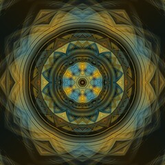 yellow and bright blue linear horizontal stripes on a jet black background transformed to abstract hexagonal patterns and intricate floral fantasy designs