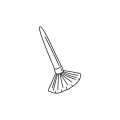 Fan brush for applying cosmetics. Beauty accessory. Girly stuff. Linear doodle style. Vector illustration on isolated white background. For printing on paper and canvas, web design