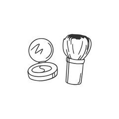 Round eyeshadow and application brush. Cosmetic beauty product for make-up. Girly stuff. Linear doodle style. Vector illustration on isolated white background. For printing on paper and web