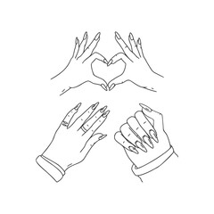 Set of gestures of female hands. Long nails, graceful lines. Admire the manicure. View from above. Doodle style. Hand-drawn vector. For business cards, prints, social networks