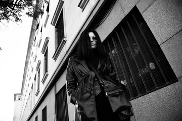 Portrait of a girl in eco-leather jacket  walks in the city of Sofia in Bulgaria