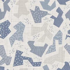 Behang Naadloze Franse boerderij linnen geometrische blok print achtergrond. Provence blauw grijze rustieke patroon textuur. Shabby chique stijl oud geweven vervagen textiel all-over print. © Limolida Studio