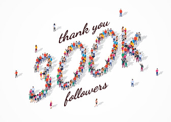 300K Followers. Group of business people are gathered together in the shape of 300000 word, for web page, banner, presentation, social media, Crowd of little people. Teamwork. Vector illustration