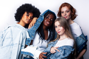 diverse multi nation girls group, teenage friends company cheerful having fun, happy smiling, cute posing isolated on white background, lifestyle people concept, african-american and caucasian