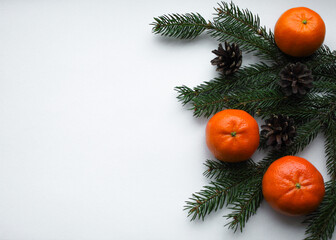 Fototapeta na wymiar The spirit and smell of Christmas, nature decorations: fir branches, cones, and orange tangerines on a white background with space for text