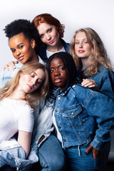 Obraz premium diverse multi nation girls group, teenage friends company cheerful having fun, happy smiling, cute posing isolated on white background, lifestyle people concept, african-american and caucasian
