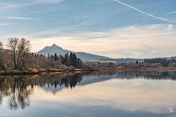 landscape in autumn mood at lake Gruentensee with Gruenten summit in background, upper Allgaeu near Nesselwand, Bavaria, Germany