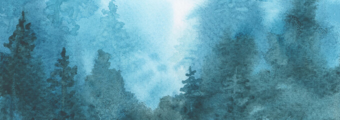 Fur and pine tree forest in fog. Abstract watercolor and acrylic flow blot smear painting.