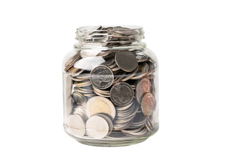 Save money coins in grass jar, Business finance investment concept.