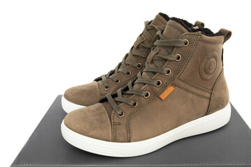 A pair of new man or woman shoes on a box isolated on white