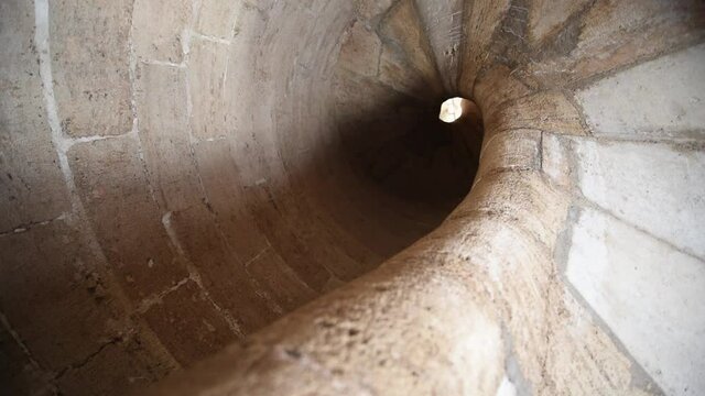 Spiral staircase, Serrano Towers. Quart Towers of Valencia, Spain. Touring the interior and the architecture of the Quart Towers. 