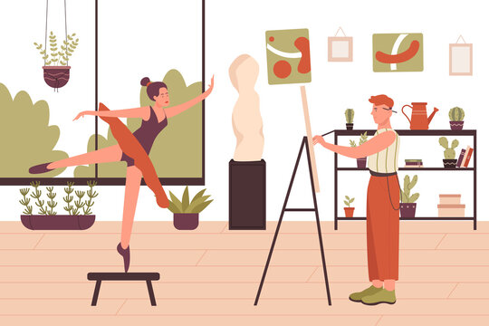 Artist drawing ballet dancer portrait vector illustration. Cartoon woman model posing, painter man character standing in front of easel in art school or classroom interior, artistic work background