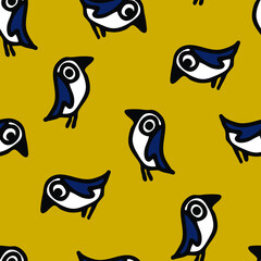 Fototapeta premium Seamless vector pattern with cartoon bluebirds on yellow background. Decorative animal wallpaper design. Hand drawn bird fashion textile.