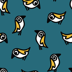 Seamless vector pattern with cartoon birds on blue background. Simple decorative robin wallpaper design. Hand drawn parrot fashion textile.