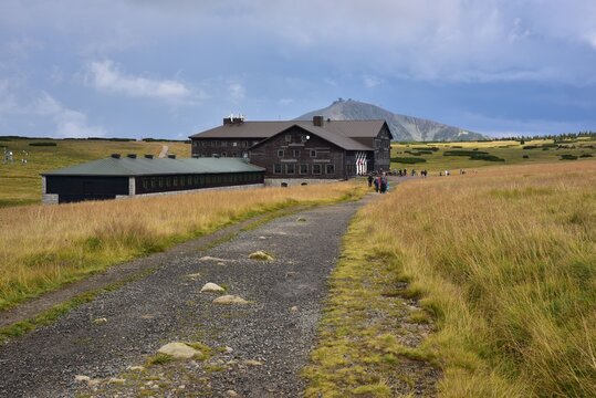 Snezka Mountain, the highest peek of the Czech Republic, seen from the famous mountain cottage Lucni Bouda.