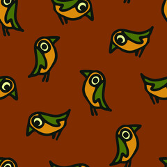 Fototapeta na wymiar Seamless vector pattern with cartoon birds on brown background. Simple decorative wallpaper design with robins. Fun wildlife fashion textile.