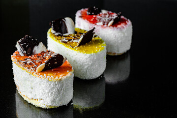 cake mousse dessert souffle jelly sweet creamy fruit filling and chocolate ingredient for menu...