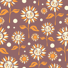 Fototapeta na wymiar Seamless vector pattern with sunflowers on brown background. Simple floral cartoon wallpaper design. Fun flower fashion textile for children.