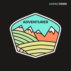 Camping adventure sticker design. Travel hand drawn patch. Adventurer label isolated. Stock vector