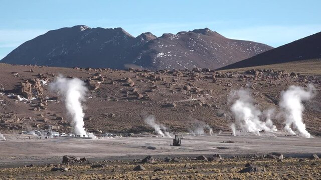 Chile. San Pedro de Atacama. Fumaroles of the Atacama Desert. A panoramic view of some geyser in the Valley of El Tatio.