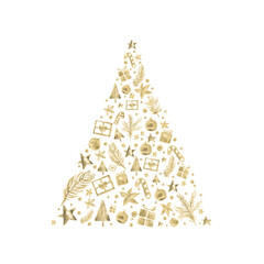 Watercolor Paint Christmas card ornaments pine tree gold Metallic Elegant handmade painting bush